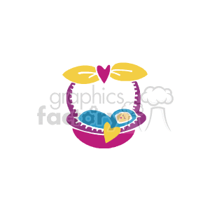 The clipart image depicts an infant sleeping peacefully in a basket. The basket is adorned with a heart motif. The baby is wrapped in a blanket, and there are decorations above the basket that include more hearts, suggesting a theme of love and care.