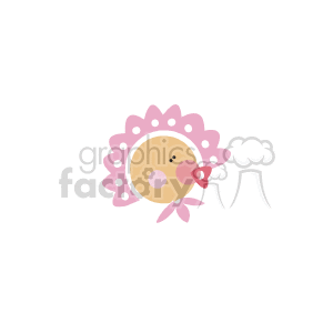 The image is a stylized illustration of a baby girl with a pacifier. The baby appears to be surrounded by a circular pink flower-like shape with a polka dot pattern. A bow is located at the bottom of the flower shape.
