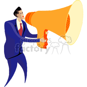 The clipart image features a man in a business suit holding and speaking into a large orange megaphone. The man appears to be communicating an important message, potentially making an announcement or advertising a product or service.