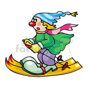 A Scared Clown Skiing Fast Wearing a Striped Hat and Big Grey Shoes