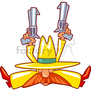 A Sitting Cowboy with a Big Mustache and Hat Holding his Two Guns in the Air