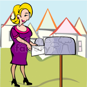 The clipart image features a stylized drawing of a woman retrieving mail from a mailbox. The woman is wearing a purple dress and high heels, and she has blonde hair styled in an updo. She appears to be smiling as she looks down at an envelope in her hand. In the background, there are what seem to be simplified representations of suburban homes with triangular roofs.