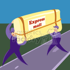 The clipart image depicts two stylized characters that seem to be delivery personnel or mailmen. They are in the process of delivering a very large, oversized package that is labeled Express mail. They are shown outdoors with one character at the front end of the package and the other at the back end, as if they are carrying it together. The package is exaggerated in size compared to the characters, emphasizing that it is a significant delivery. The setting includes a visible road and a grassy area, suggesting they might be outside or en route to a delivery location.