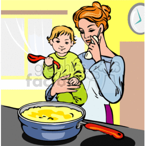 The clipart image features a mother holding a baby on her hip while talking on the phone. The baby is playfully holding a red spoon. In front of the mother is a pot of what seems to be food cooking on the stove. The kitchen setting includes a clock on the wall indicating that it might be around mealtime. This image conveys a sense of domestic life, multitasking, and the warmth of a family home.
