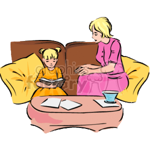 This clipart image shows a scene with a mother and daughter spending time together. The mother is sitting on an orange couch, dressed in a pink outfit, while the daughter sits opposite her, wearing an orange dress. They both appear to be reading or looking at a book. On the coffee table in front of them, there's an open book and a blue cup.