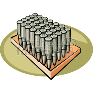 The clipart image depicts a bundle of ammunition arranged neatly on a wooden palette. These appear to be full metal jacket bullets designed for use in a firearm