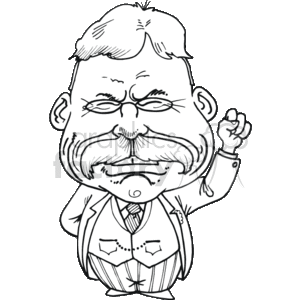 In the clipart image, there is a caricature of a person who resembles a stylized version of Theodore Roosevelt, the 26th President of the United States. The figure is depicted with exaggerated facial features characteristic of a caricature, including a large head, prominent mustache, and glasses. The caricature is wearing a suit with a vest and a tie, and it's raising one hand as if gesturing or making a point.