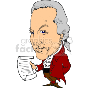 This clipart image features a caricature of a historical figure that resembles an American Founding Father, particularly suggesting the appearance of the second president of the United States based on the clues provided. The caricature is animated, with exaggerated facial features for comedic effect. The character is wearing a red colonial-era coat with a white shirt and frilly collar, knee-length breeches, white stockings, and black colonial-style shoes with buckles. He is also holding a paper or document in his hand, which may suggest the individual's involvement with important historical documents or laws.