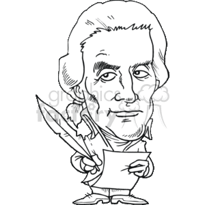 This clipart image depicts a caricature of Thomas Jefferson, the 3rd President of the United States, portrayed in a humorous style. The character is shown with an exaggerated head size relative to the body, holding a quill in one hand and a piece of paper in the other, typifying his role as a writer, most famously of the Declaration of Independence.