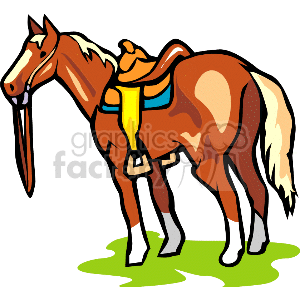The image displays a cartoon of a brown and white horse with a saddle. There are no people or multiple horses depicted, nor any explicit elements that would directly relate to Indians in the image.