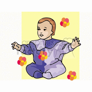 A baby in a sleeper with falling flowers
