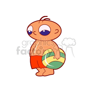 Big eyed boy in red shorts holding a beachball