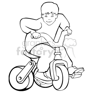 The clipart image depicts a boy riding a tricycle. He appears to be smiling and enjoying himself as he pedals the vehicle.