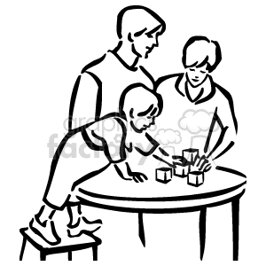 The image is a line drawing or clipart of a family with two kids and an adult. They are grouped around a table, where it seems they are engaged in an activity together, possibly playing a game or doing a craft.