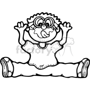 The clipart image shows a cartoon of a young boy making a silly face by pulling down his lower eyelids with his fingers. He is sitting with his legs stretched out to the sides and is wearing a T-shirt, shorts, and shoes. The boy's tongue is sticking out, and he has a playful expression.