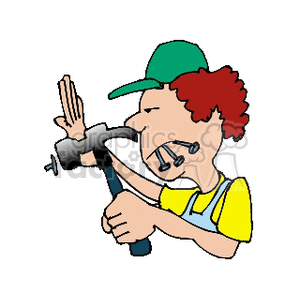 Cartoon man hammering with nails in his mouth 