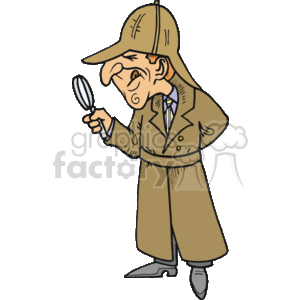 This clipart image depicts a stereotypical detective character. He is wearing a trench coat and a deerstalker cap, commonly associated with private investigators or sleuths from classic literature. He is also holding a magnifying glass, which indicates he is searching for clues or investigating a crime scene.