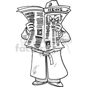 The image is a black-and-white clipart illustration of a character that appears to be a private investigator or detective. The character is standing and holding a newspaper open in front of them, with two holes cut out of the newspaper where the eyes are, suggesting that the person is using the newspaper to discreetly watch or spy on someone. The detective is wearing a trench coat and pants, with one hand visible holding the paper. The drawing style is cartoonish and humorous, appropriate for a funny depiction of a classic sleuth trope.