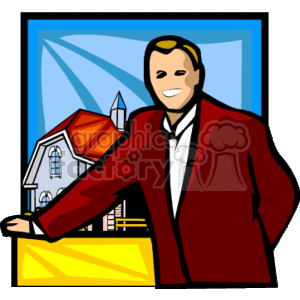 The clipart image depicts a smiling male realtor or real estate agent. He is standing with one arm resting on a sign, possibly representing a for-sale sign. In the background, there is an illustration of a house. The image conveys a professional dealing with houses or real estate.