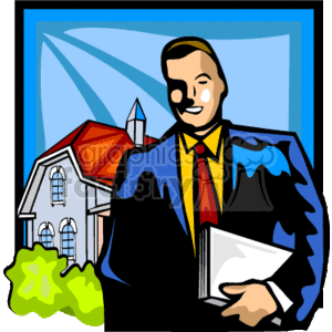 The clipart image features a person who appears to represent a realtor. They are wearing a professional suit with a tie and holding some documents, possibly representing contracts or property listings. In the background, there is an illustration of a house, which suggests the real estate theme. The person is smiling and looks confident, reflecting a positive image often associated with sales and customer service professions.
