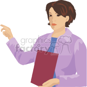 The clipart image depicts a professional woman, likely a realtor, holding a folder or document. She appears to be gesturing or pointing with her other hand, possibly explaining or directing attention to a particular subject related to her line of work.