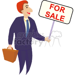 The image is a clipart illustration of a smiling man, dressed in a professional attire with a suit and holding a briefcase, also holding a FOR SALE sign prominently in one hand. He appears to be a realtor or salesman advertising a property or item for sale.