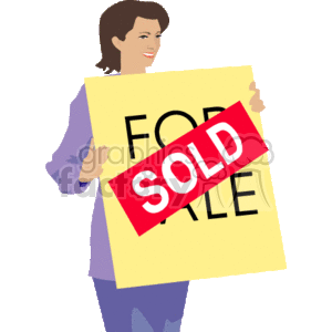 The clipart image shows a woman who appears to be a realtor, holding a sign that has For Sale written on it. A prominent SOLD sticker is placed across the For Sale sign, indicating that a property sale has been completed.
