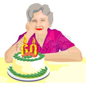 The clipart image features a senior woman sitting at a table with a birthday cake in front of her. The cake has a 60 decoration on top with two lit candles. The woman appears to be celebrating her 60th birthday, and she is leaning on the table with one hand propping up her head in a contemplative or pensive pose. She is wearing a pink shirt and has gray hair.
