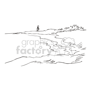 The clipart image depicts a simplified illustration of an ocean coastline. The key elements include waves coming toward the shore, a clear delineation between the water and the coast, and a solitary figure standing on a cliff observing the ocean. The overall setting suggests a serene and natural coastal environment, possibly on the east coast as suggested by the keywords.