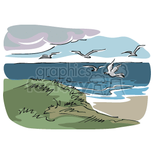 The clipart image depicts a scenic view of a coastline, possibly representing the east coast. It features a tranquil ocean with waves near the beach, a grassy area leading up to the water's edge, and several seagulls flying above the sea. The sky is partially cloudy, suggesting a serene coastal setting.
