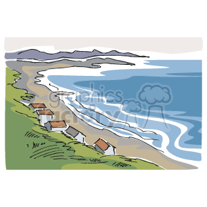 The clipart image depicts a scenic stretch of an East Coast beach. It includes a view of the ocean with waves coming onto the shore, a winding coastline with grassy areas, and several small structures, possibly houses or cabins, along the beachfront. The backdrop features a hilly landscape.