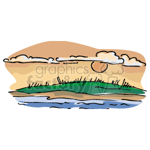 The clipart image features a depiction of a beach scene with some simple elements: sandy shore, a body of water that is likely representing an ocean, a green grassy area, a sun in the sky among some clouds.