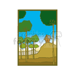 The clipart image depicts a simplistic scene with a house perched atop a hill, surrounded by various trees which could be indicative of a forest or woodland area. The color palette suggests it might be set during daytime with a clear sky in the background.
