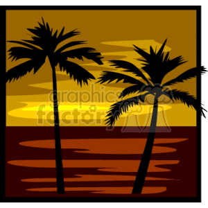 The clipart image features a stylized representation of a tropical scene at sunset. There are two palm trees silhouetted against a yellow and orange sky. Below the trees, there's a depiction of a calm sea with light reflecting off its surface, suggesting the presence of the sun near the horizon. The scene captures the essence of a romantic tropical island ambiance.
