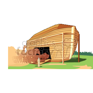 This clipart image depicts a large wooden ark commonly associated with the biblical story of Noah's Ark. There are pairs of animals, such as deer and what may be cows or oxen, depicted in a faded manner approaching the ark. In the foreground, there's a figure that can be associated with Noah, standing next to the ark, overlooking the animals as they board. It's set against a clear background which might indicate the calm before the flood described in the story.