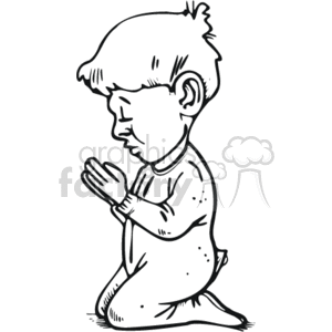 The clipart image depicts a young boy in a kneeling position with his hands together in front of him, as if he is praying. He is closed-eyed, reflecting a moment of solemnity or reflection. The illustration is done in a line art style and is likely intended to represent a child's prayer, common in various Christian practices. 