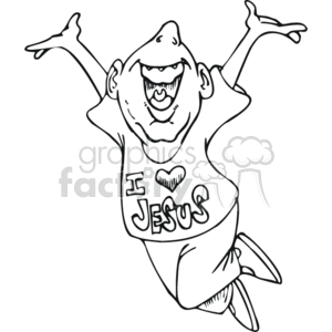 The clipart image shows a joyful cartoon character with a beaming smile, arms spread wide in a welcoming or happy gesture. The character is wearing a shirt with the phrase I love Jesus prominently displayed, which indicates a message of religious faith and love for Jesus Christ, commonly associated with Christian beliefs.