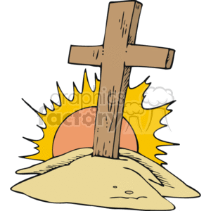 The clipart image features a wooden cross mounted on a mound of earth or sand, with stylized rays emanating from the backdrop, suggesting a sunrise or sunset behind it. The image has religious connotations, likely representative of Christian faith, symbolizing hope, resurrection, or memory.