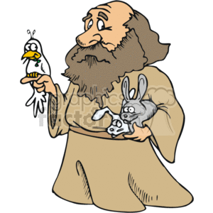 The clipart image depicts a bearded monk in a traditional religious robe holding a dove in one hand and a rabbit cradled in the other arm. The dove appears to be peaceful or resting in the monk's hand, while the rabbit looks content as well. This image could represent themes like peace, nature, caring, and religious duties of care and guardianship over animals.