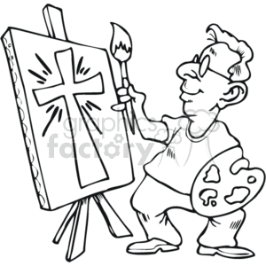 The clipart image displays a person painting a Christian cross on a canvas. The person is holding a paint palette in one hand and is using a paintbrush with his other hand to add details to the cross. The person appears to be focused on his artwork, with a thoughtful expression. The canvas is set up on an easel.