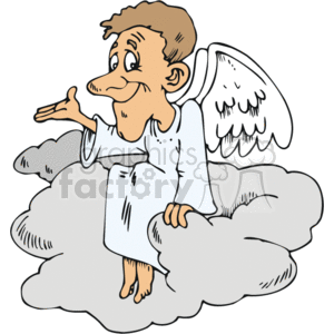 The image is a clipart illustration featuring a cartoon-style angel sitting on a cloud. The angel has a playful expression, is dressed in a white robe, and has a pair of white wings on its back. The angel appears to be gesturing or pointing with one hand. The overall theme suggests a lighthearted take on traditional religious or Christian iconography.