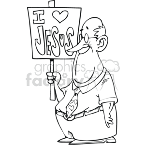 The image is a black and white line drawing of an anthropomorphized bird character holding a sign that reads I love JESUS. The bird character is depicted in a cartoonish style and appears to be smiling.