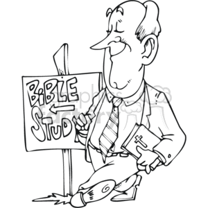 The clipart image portrays a cartoon of a man standing next to a sign that reads BIBLE STUDY. The man is smartly dressed, possibly in a suit, with a tie, holding a closed book with a cross on it, which is presumably a Bible, in his right hand. He has a smile on his face and is looking towards the sign, indicating that he may be going to or promoting the Bible study session.