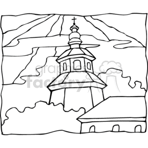 This is a simple black and white line drawing of a Christian church. The church has a steeple with a cross on top, which is often indicative of Christian religious buildings. There are clouds in the background, and rays of light or sunshine emanating from behind the clouds, suggesting a divine or heavenly presence.