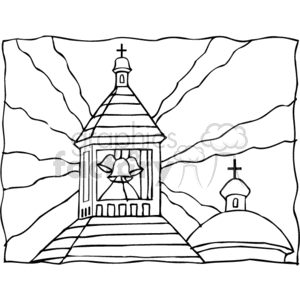 The clipart image shows a stylized bell tower of a church, with a large bell visible within the structure. It's a simple line drawing with a cross atop the spire of the tower indicating its Christian association. In the background, there is another church or chapel with a cross on its dome.