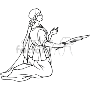 The clipart image features a line drawing of a kneeling female figure in what appears to be historical or classical attire. She is holding a palette in one hand, suggesting she may be an artist rather than someone praying. Her gaze is directed upwards and one hand is slightly raised, which may convey a sense of inspiration rather than a religious act.