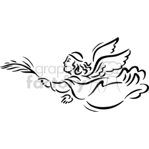 The image is a black and white clipart of an angel. It appears to be a simple line drawing depicting the angel with wings, flowing robes, and what looks like a branch of leaves or a palm frond in hand.