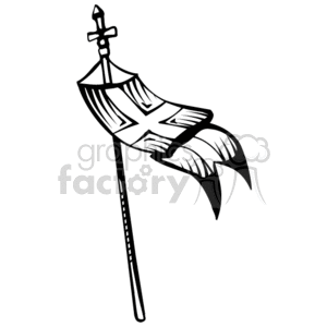 The clipart image depicts a flag with a Christian cross design on it, attached to a flagpole topped by another cross. The flag is stylized with two swaying ends, giving it a sense of motion. It appears to be a representation of a Christian or religious flag, often used in a variety of Christian contexts.