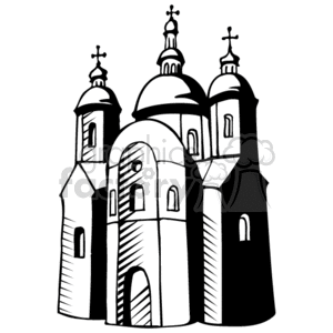 This clipart image features a stylized representation of a Christian church or cathedral. It is a black and white drawing with domes and crosses that suggest an Orthodox Christian architectural style. The structure has multiple onion domes, each topped with a cross, indicating its religious significance. The stark contrast and simple lines give it a bold and iconic appearance.