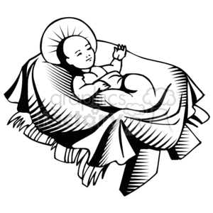 The image is a black and white clipart illustration depicting a baby, which in a Christian religious context represents Jesus, laying on a makeshift crib with a halo around the head signifying holiness or divinity.